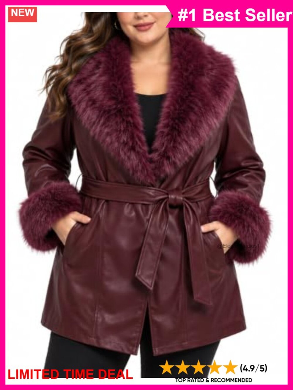 Plus Size Faux Leather Jacket Faux Fur Collar Belted Mid-Length Winter Coat